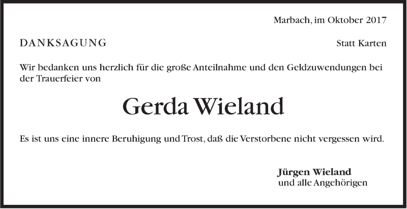  Traueranzeige für Gerda Wieland vom 13.10.2017 aus Marbacher Zeitung