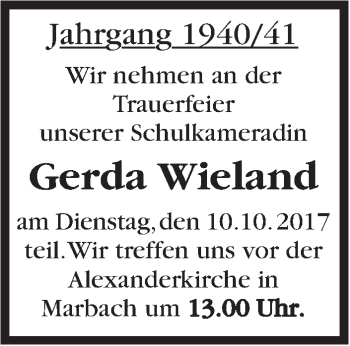 Traueranzeige von Gerda Wieland von Marbacher Zeitung