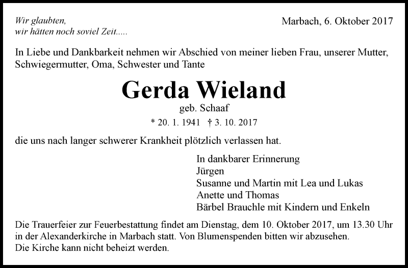  Traueranzeige für Gerda Wieland vom 06.10.2017 aus Marbacher Zeitung
