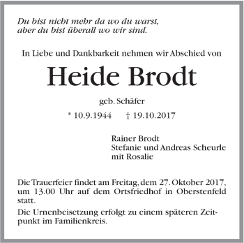 Traueranzeige von Heide Brodt von Marbacher Zeitung
