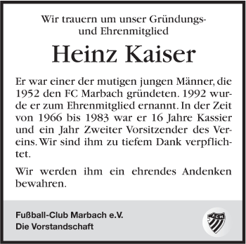 Traueranzeige von Heinz Kaiser von Marbacher Zeitung