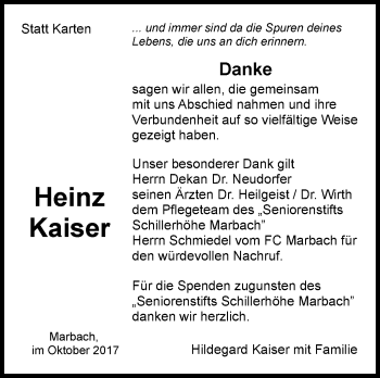 Traueranzeige von Heinz Kaiser von Marbacher Zeitung