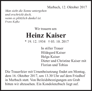 Traueranzeige von Heinz Kaiser von Marbacher Zeitung