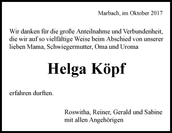 Traueranzeige von Helga  Köpf von Marbacher Zeitung