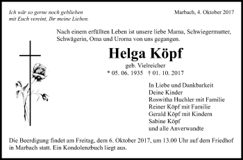 Traueranzeige von Helga  Köpf von Marbacher Zeitung