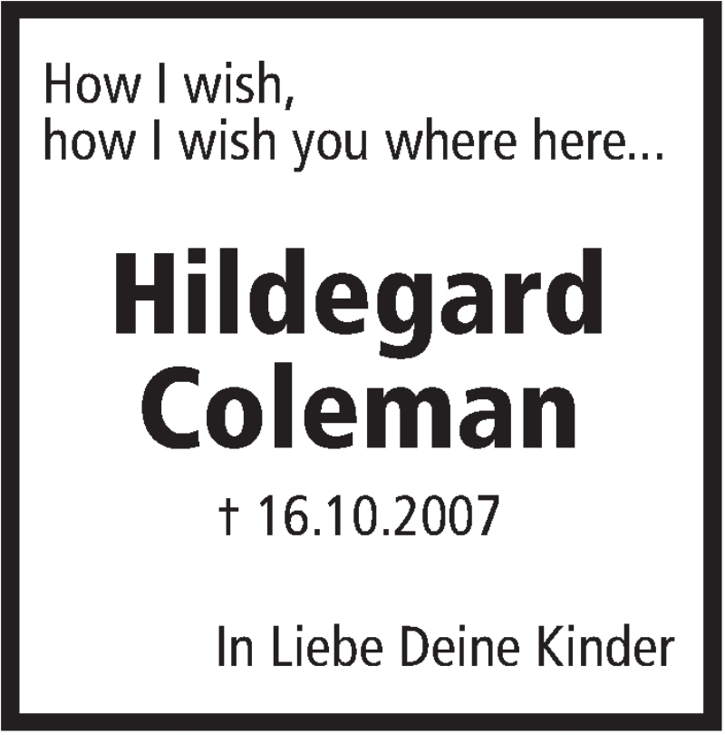  Traueranzeige für Hildegard Coleman vom 16.10.2017 aus Marbacher Zeitung