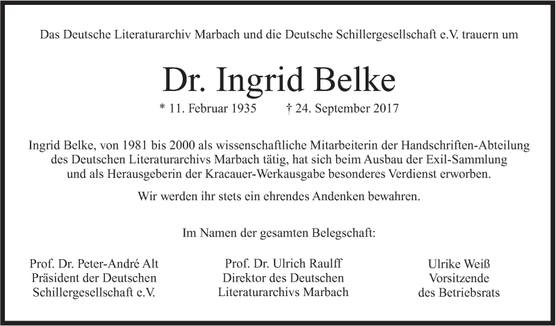  Traueranzeige für Ingrid Belke vom 07.10.2017 aus Marbacher Zeitung