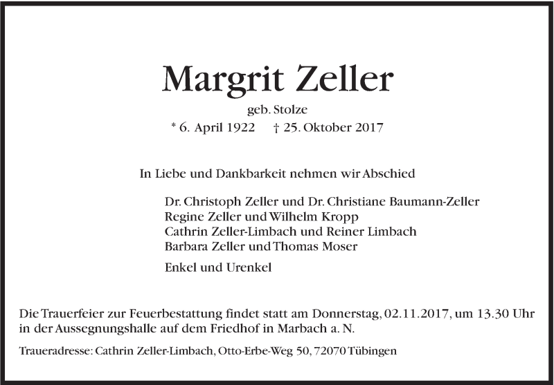  Traueranzeige für Margrit Zeller vom 30.10.2017 aus Marbacher Zeitung