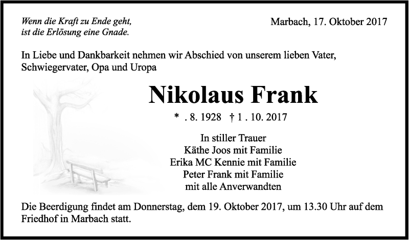  Traueranzeige für Nikolaus Frank vom 17.10.2017 aus Marbacher Zeitung