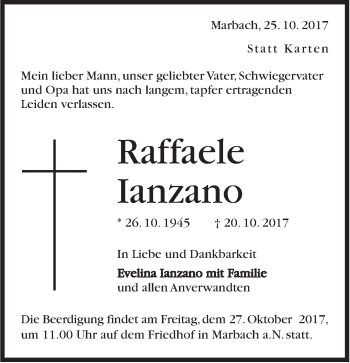 Traueranzeige von Raffaele Ianzano von Marbacher Zeitung