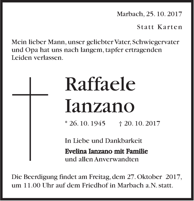  Traueranzeige für Raffaele Ianzano vom 25.10.2017 aus Marbacher Zeitung