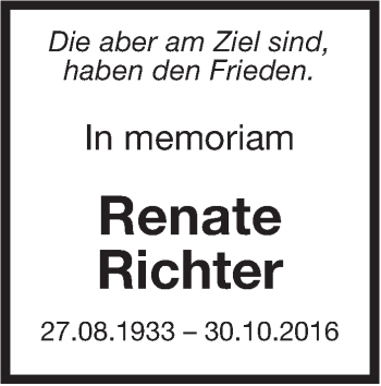 Traueranzeige von Renate Richter von Marbacher Zeitung