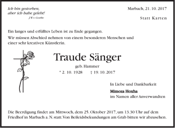 Traueranzeige von Traude Sänger von Marbacher Zeitung