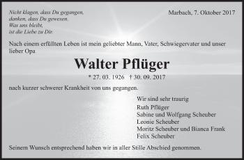 Traueranzeige von Walter Pflüger von Marbacher Zeitung