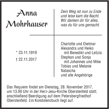 Traueranzeige von Anna Mohrhauser von Marbacher Zeitung