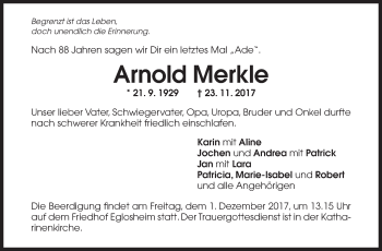 Traueranzeige von Arnold Merkle von Marbacher Zeitung