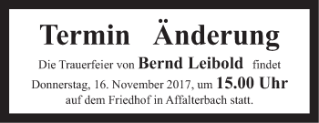 Traueranzeige von Bernd Leibold von Marbacher Zeitung
