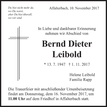 Traueranzeige von Bernd Dieter Leibold von Marbacher Zeitung