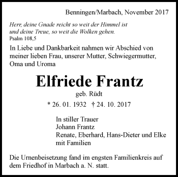 Traueranzeige von Elfriede Frantz von Marbacher Zeitung