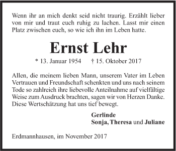 Traueranzeige von Ernst Lehr von Marbacher Zeitung