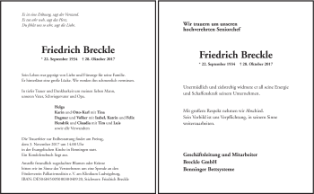 Traueranzeige von Friedrich Breckle von Marbacher Zeitung