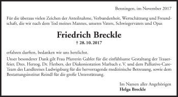 Traueranzeige von Friedrich Breckle von Marbacher Zeitung
