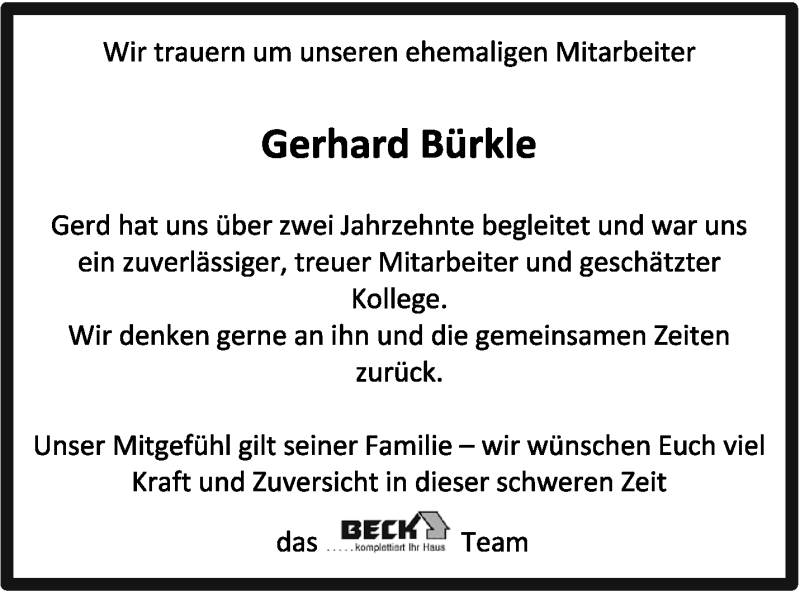  Traueranzeige für Gerhard Bürkle vom 23.11.2017 aus Marbacher Zeitung