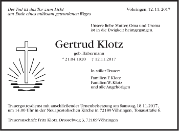 Traueranzeige von Gertrud Klotz von Marbacher Zeitung