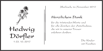 Traueranzeige von Hedwig Dörfler von Marbacher Zeitung