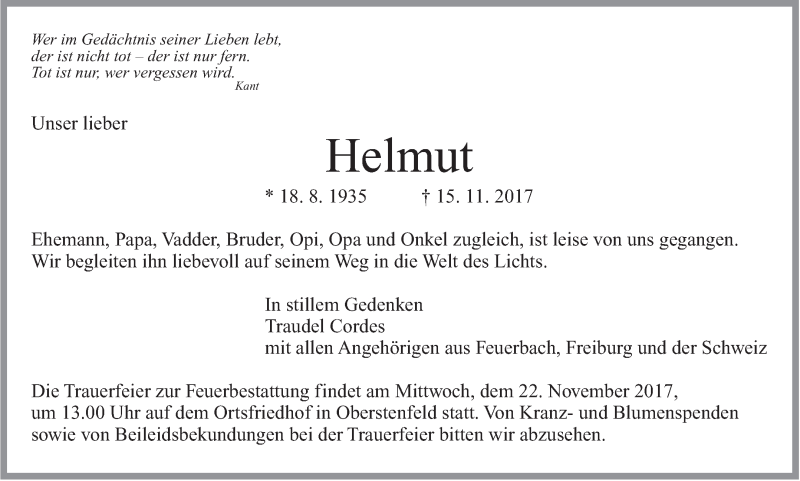  Traueranzeige für Helmut Cordes vom 21.11.2017 aus Marbacher Zeitung