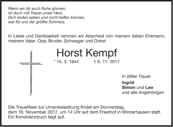Traueranzeige von Horst Kempf von Marbacher Zeitung