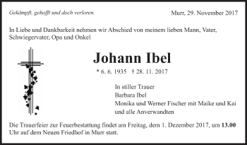 Traueranzeige von Johann Ibel von Marbacher Zeitung
