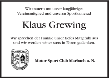 Traueranzeige von Klaus Grewing von Marbacher Zeitung