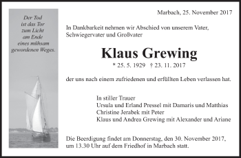 Traueranzeige von Klaus Grewing von Marbacher Zeitung