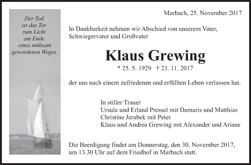  Traueranzeige für Klaus Grewing vom 25.11.2017 aus Marbacher Zeitung