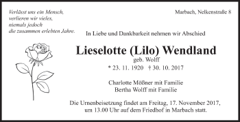 Traueranzeige von Liselotte Wendland von Marbacher Zeitung