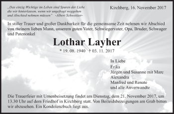 Traueranzeige von Lothar Layher von Marbacher Zeitung