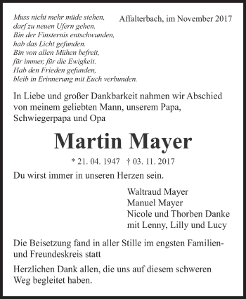Traueranzeige von Martin Mayer von Marbacher Zeitung