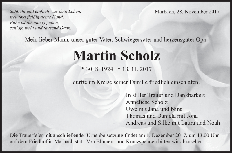  Traueranzeige für Martin Scholz vom 28.11.2017 aus Marbacher Zeitung