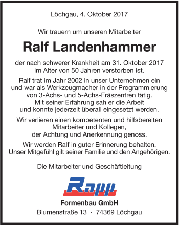 Traueranzeige von Ralf Landenhammer von Marbacher Zeitung