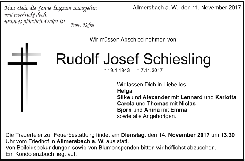  Traueranzeige für Rudolf Josef Schiesling vom 11.11.2017 aus Marbacher Zeitung