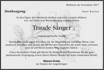Traueranzeige von Traude Sänger von Marbacher Zeitung