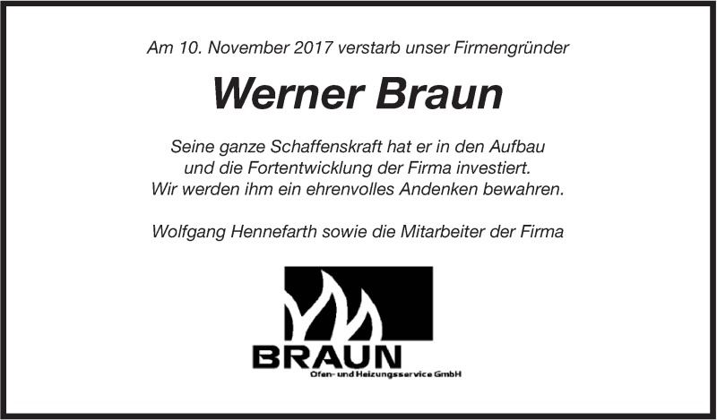  Traueranzeige für Werner Braun vom 21.11.2017 aus Marbacher Zeitung