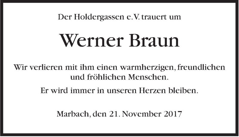  Traueranzeige für Werner Braun vom 21.11.2017 aus Marbacher Zeitung