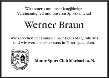 Traueranzeige von Werner Braun von Marbacher Zeitung