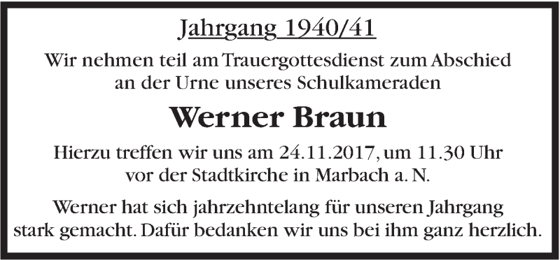  Traueranzeige für Werner Braun vom 22.11.2017 aus Marbacher Zeitung