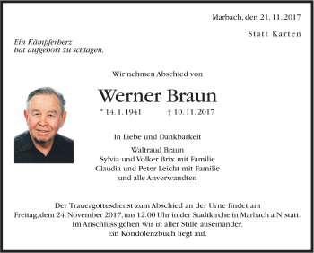 Traueranzeige von Werner Braun von Marbacher Zeitung