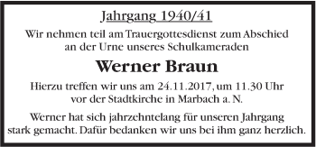 Traueranzeige von Werner Braun von Marbacher Zeitung