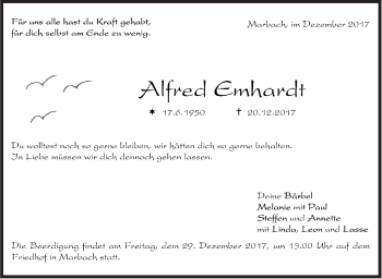 Traueranzeige von Alfred Emhardt von Marbacher Zeitung