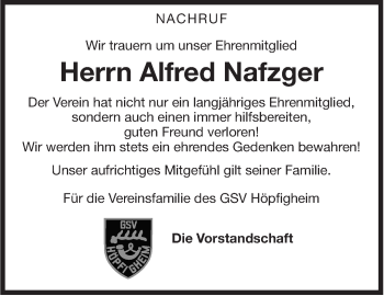 Traueranzeige von Alfred Nafzger von Marbacher Zeitung
